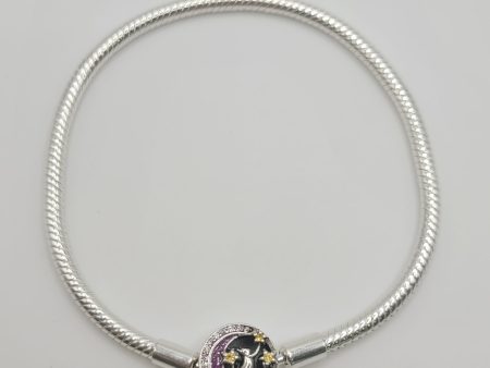 Pulsera de plata de ley  tipo pandora con cierre en forma de luna con circonitas blancas y malvas y gatito cogiendo estrellas Online Sale