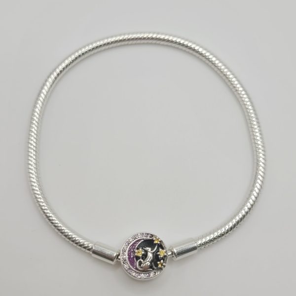 Pulsera de plata de ley  tipo pandora con cierre en forma de luna con circonitas blancas y malvas y gatito cogiendo estrellas Online Sale