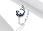 Anillo de plata de ley con gatito y luna de circonitas azules Fashion