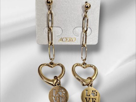 Pendientes de acero, largos con corazón y LOVE en color dorado Online