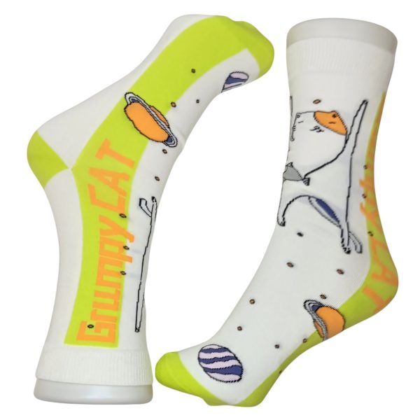 Calcetines blancos y verdes fluor con gatito universo For Sale