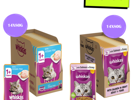 Whiskas Salmon in Gravy Meal and Ocean Fish Adult Cat Wet Food Combo For Discount