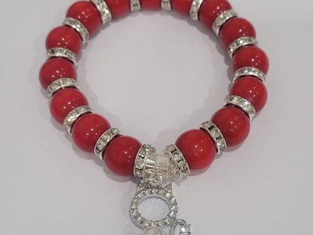 Pulsera de piedras naturales en color rojo con abalorio de gatito con perla Fashion