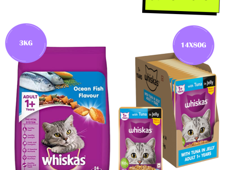 Whiskas Ocean Fish and Tuna in Jelly Meal Adult Cat Wet and Dry Food Combo Hot on Sale