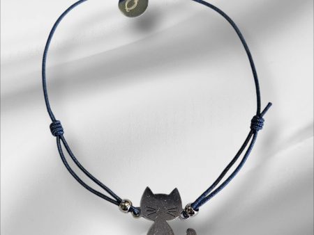 Preciosa pulsera de hilo azul con gatito de acero Cheap