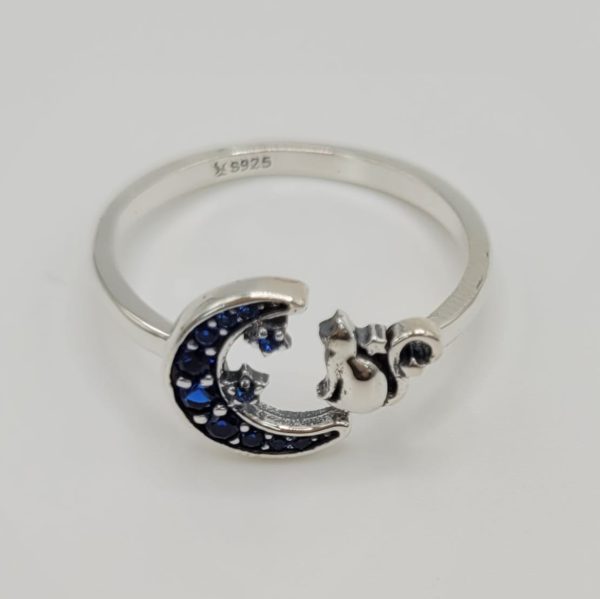 Anillo de plata de ley con gatito y luna de circonitas azules Fashion