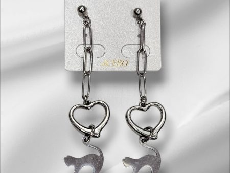 Pendientes de acero, largos con corazón y gatito Fashion