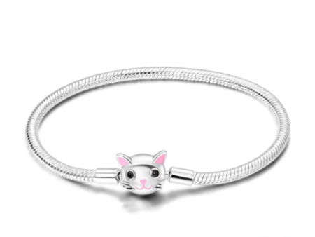 Pulsera de plata de ley  tipo pandora con cierre en forma de cabeza de gatete con orejas y nariz rosa Cheap