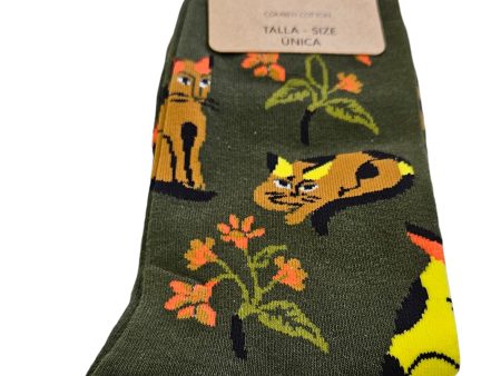 Calcetines verdes con gatitos tonos narajas Online Hot Sale