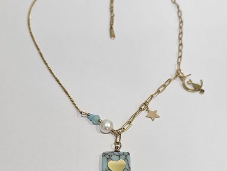 Cadena de acero en color dorado con abalorios de estrella, corazón azul y gatito con luna Online Sale