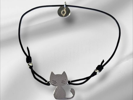 Preciosa pulsera de hilo negro con gatito de acero Sale