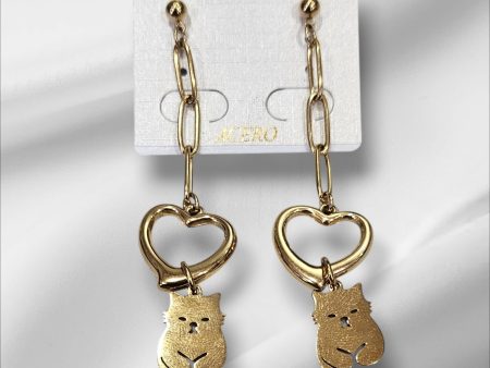 Pendientes de acero, largos con corazón y gatito en color dorado Online Sale