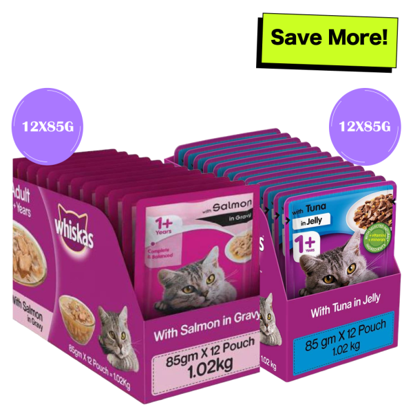 Whiskas Salmon in Gravy Meal and Tuna in Jelly Meal Adult Cat Wet Food Combo on Sale