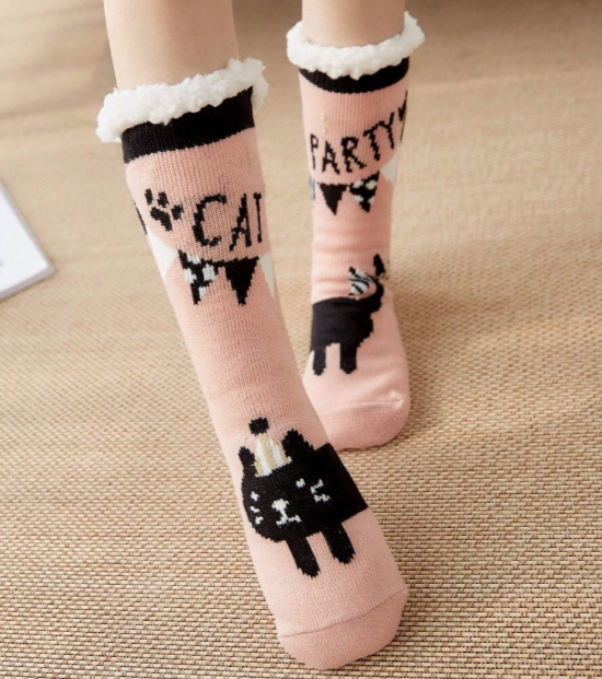 Calcetines antideslizantes térmicos en color rosa y gatito negro Cheap