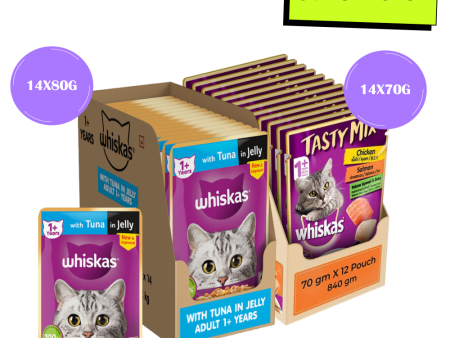 Whiskas Tuna in Jelly Meal and Chicken With Salmon Wakame Seaweed in Gravy Tasty Mix Adult Cat Wet Food Combo Online Sale