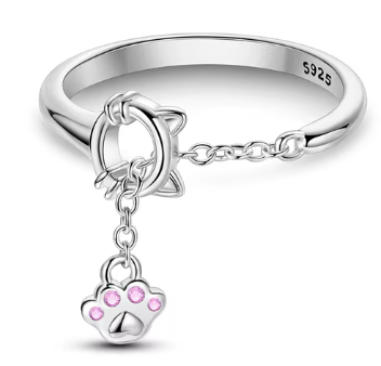 Anillo de Plata de Ley ajustable con cabeza de gatito y huella con circonita rosa Online now