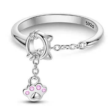 Anillo de Plata de Ley ajustable con cabeza de gatito y huella con circonita rosa Online now