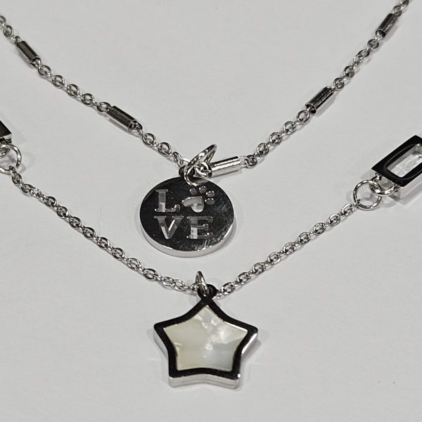 Cadena de acero doble con colgante de estrella esmaltada y placa  love  For Cheap