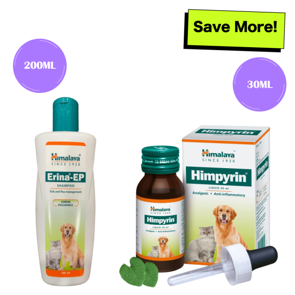 Himalaya Erina EP Tick and Flea Shampoo and Himpyrin Anti Inflammatory & Pain Relief Drops for Dogs and Cats Combo For Sale