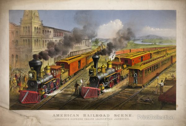 American Railroad Scene: Lightning Express trains leaving the junction For Discount